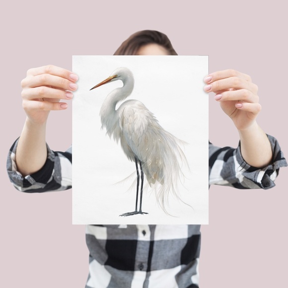 Watercolor White Heron Portrait Wall Art Print Poster, Unframed - Picture 4 of 6